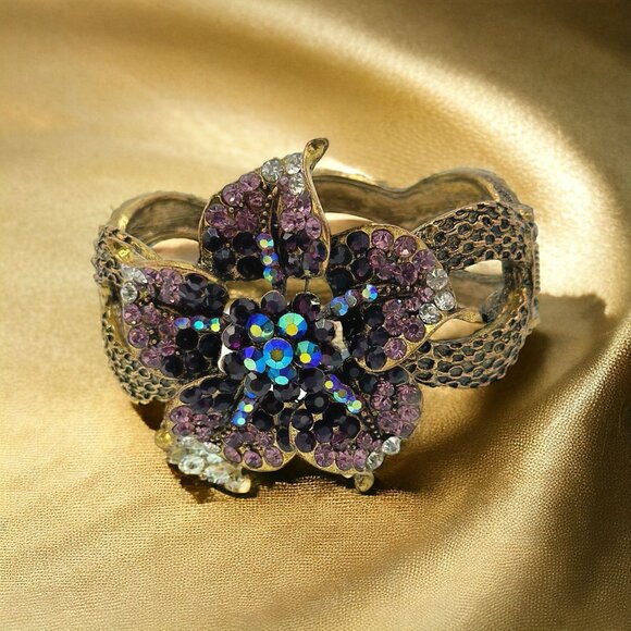 Bejeweled Floral Cuff Bracelet With Purple & Black Rhinestones - Picture 2 of 4